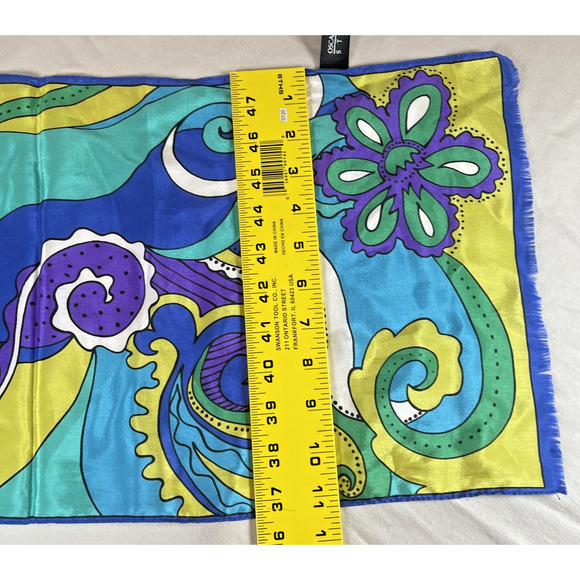 Oscar De La Renta 100% Silk Scarf Vtg Vivid Bright Pattern Blue Purple Green - Picture 12 of 12